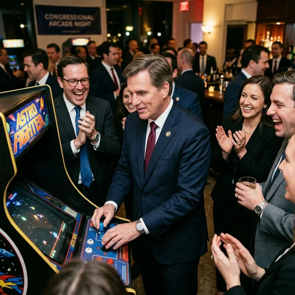 An ai image of people in suits playing an arcade game